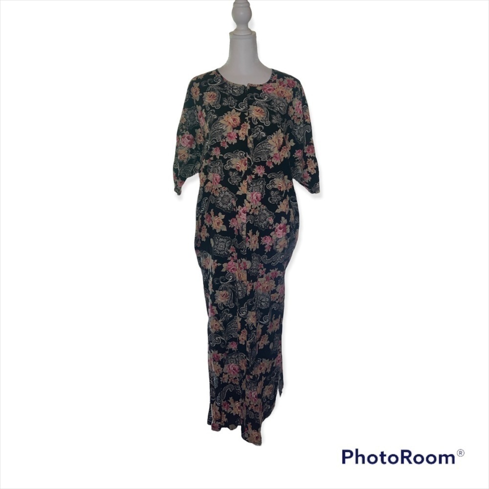 Vintage LA Intimates Floral Paisley Maxi Dress Black Pink Cotton Rayon Medium